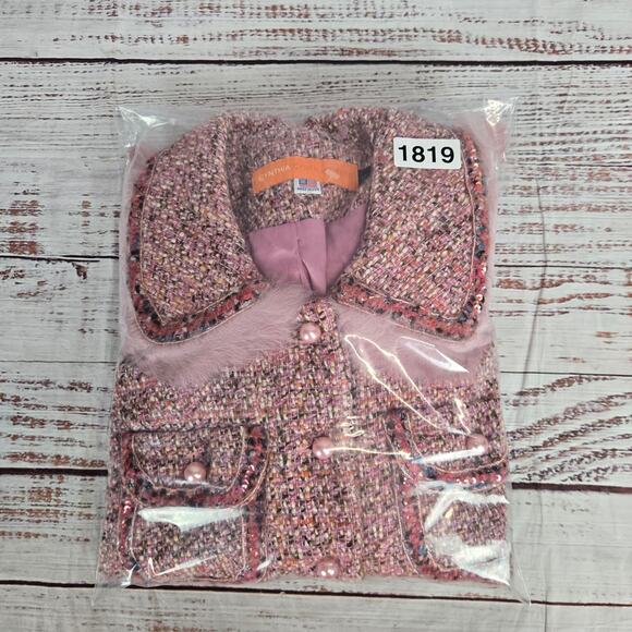 Cynthia Steffe Pink Tweed Blazer S Faux Fur Sequin Pearl Preppy Glam Lux Jacket - Picture 15 of 15